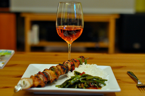 Imagery Rose with Grilled Chicken Kebabs and Garlic and Chili Long Beans