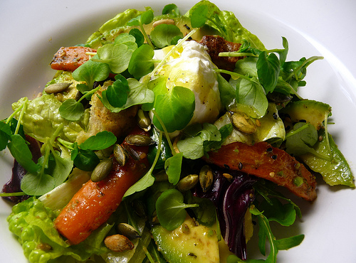 Roast carrot and avocado salad with citrus dressing and sour cream