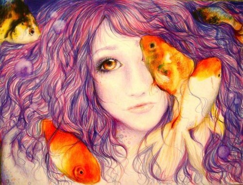 Menina com peixes que não mendiga o amor