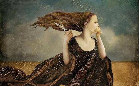 Mulher com tesoura que não mendiga atenção