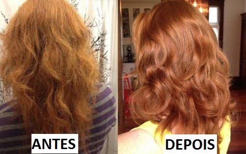 Comparação de antes e depois de mulher que lavou o cabelo com condicionador natural