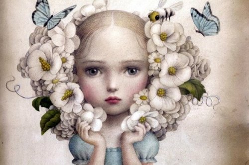 Criança com várias flores e borboletas com carências afetivas