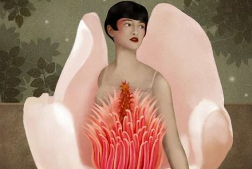 Mulher se escondendo dentro de uma flor por medo de ser ela mesma