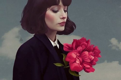 mulher com flor no peito