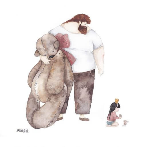 Pai com filha e urso
