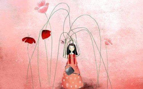 Mulher cuidando de flores