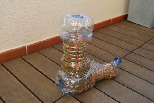 Comedouro para animais feito de garrafas plásticas
