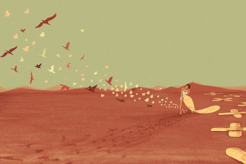 Mulher arrancando curativos e libertando pássaros