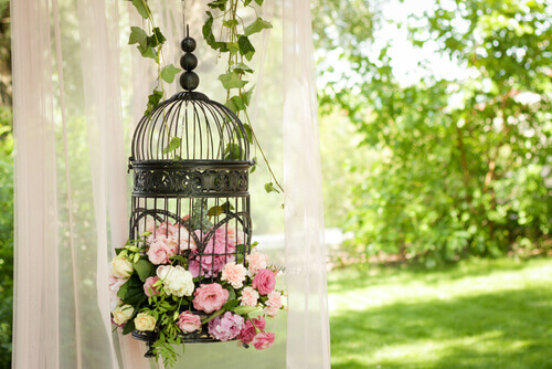 Gaiola com flores de decoração