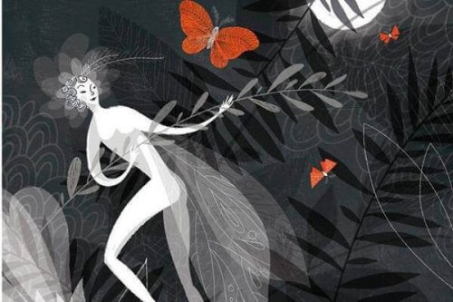 Mulher em luto com borboletas cor de laranja