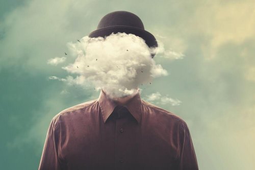 Homem escondendo as emoñóes com nuvem