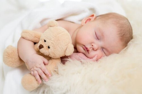 Bebê dormindo com ursinho de pelúcia