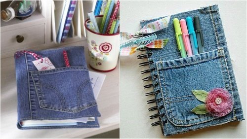 Ao reciclar calças jeans, pode fazer cadernos