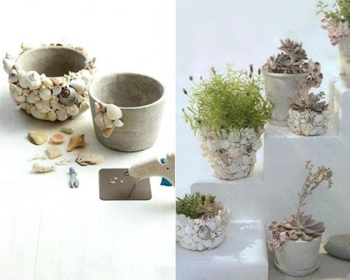 Vasos decorativos com pedras e conchas