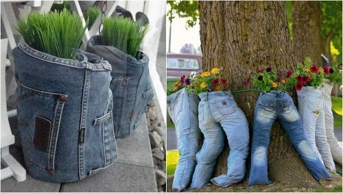 Ao reciclar calças jeans, pode fazer vasos