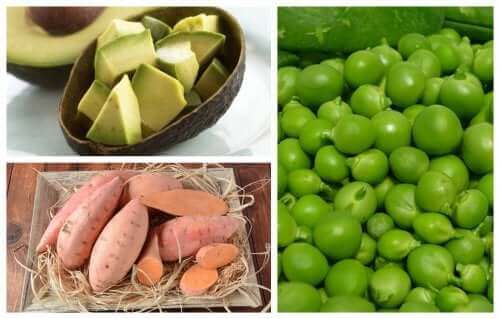 Receita com batatas-doces, ervilhas e abacate