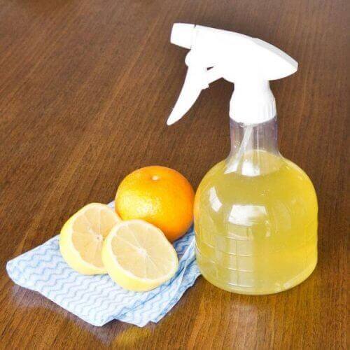 Produto de limpeza em um borrifador e laranjas