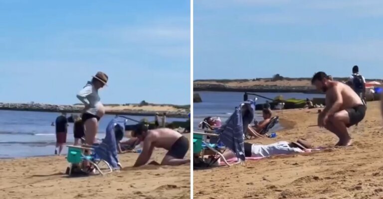O amor está nas pequenas atitudes: homem faz buraco na areia para acomodar a barriga da esposa grávida