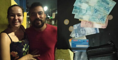 Casal encontra carteira com salário de gari e viaja para achar o dono