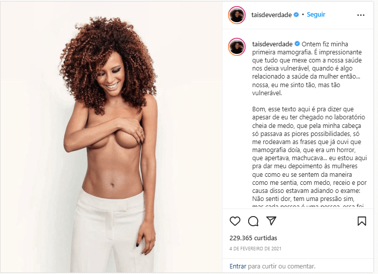 Thaís Araújo em sua 1º mamografia: "Adiei sempre por medo"