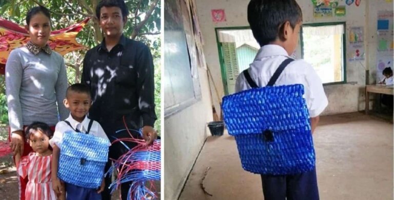 Pai sem condições financeiras teceu uma mochila artesanal de fibra para filho ir à escola