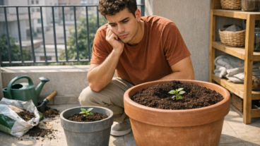 O erro de trocar cedo demais para um vaso grande e deixar a planta pequena perdida no substrato