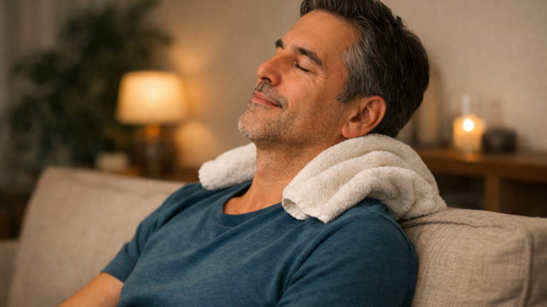 Como usar uma toalha morna como pausa simples para o pescoço tenso sem esperar mais do que conforto