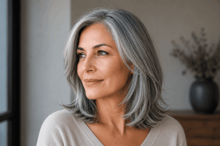 As camadas sutis distribuem o peso do cabelo para que os fios grisalhos ganhem vida e se movam naturalmente a cada passo.