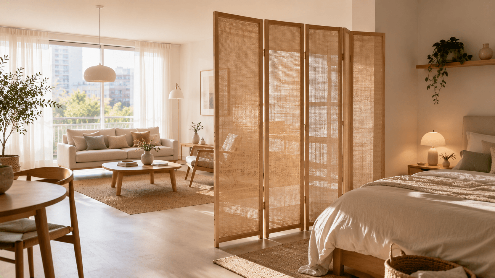 Biombo de madera y fibras naturales que divide el dormitorio dentro de un monoambiente luminoso.
