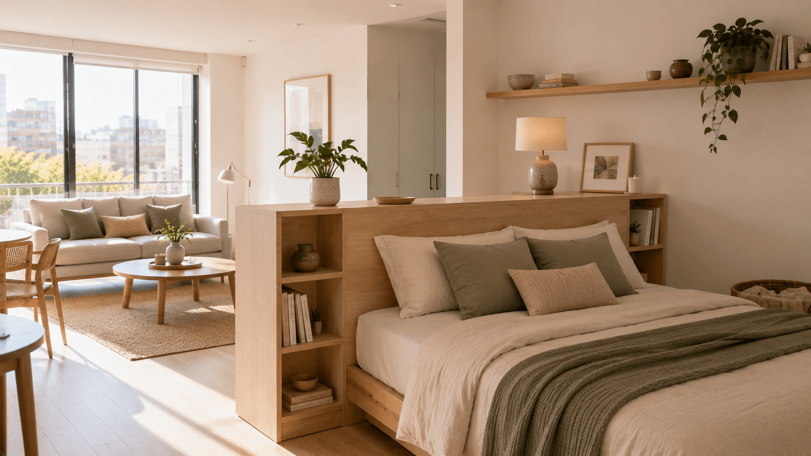 Cabecero con estantes que separa el dormitorio del área social en un monoambiente moderno.