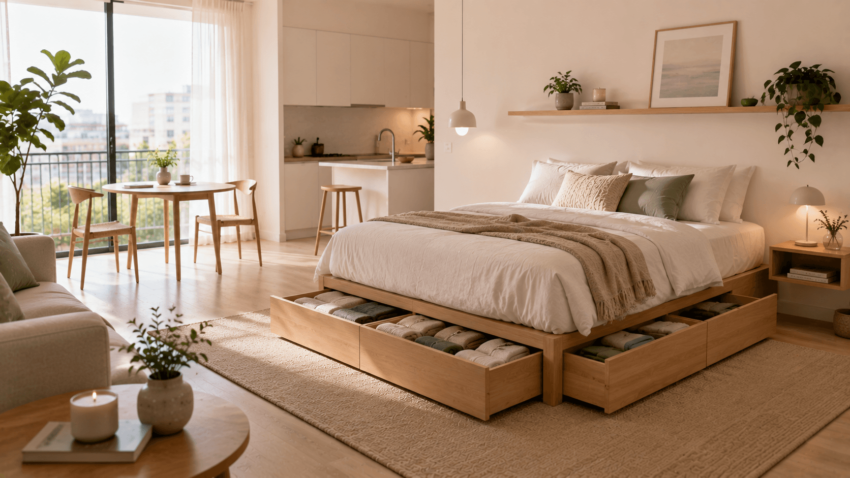 Cama con almacenamiento integrado y cajones inferiores abiertos en un dormitorio de monoambiente.