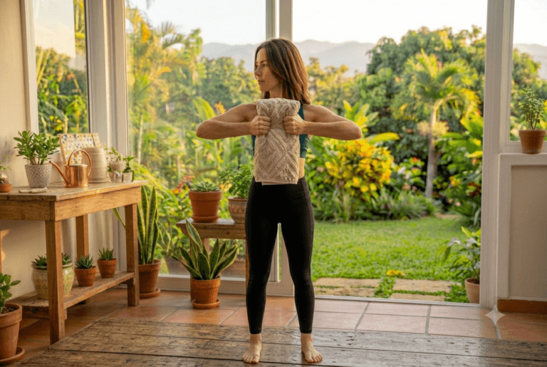 Contração pura e sustentada, sem precisar dar um único passo. Comprima a toalha com força em direção ao centro para ativar seus peitorais e bíceps em um esforço invisível, mas exigente.