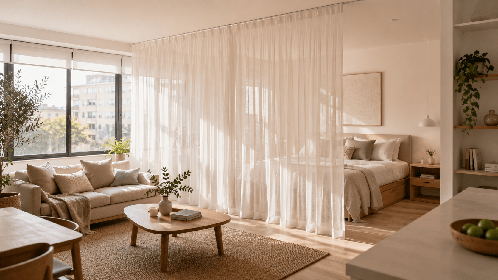 Cortinas translúcidas de techo a suelo que delimitan el dormitorio en un monoambiente manteniendo la luz natural.