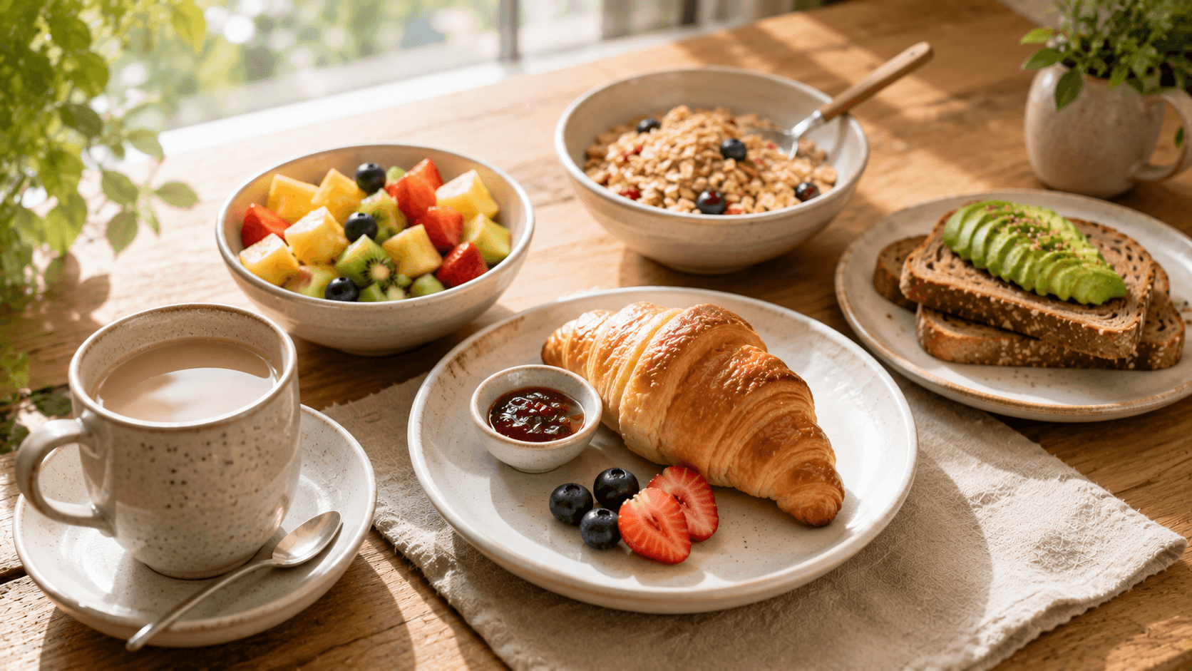 Cruasán acompañado de fruta fresca, té con leche y pan integral en un desayuno más equilibrado.