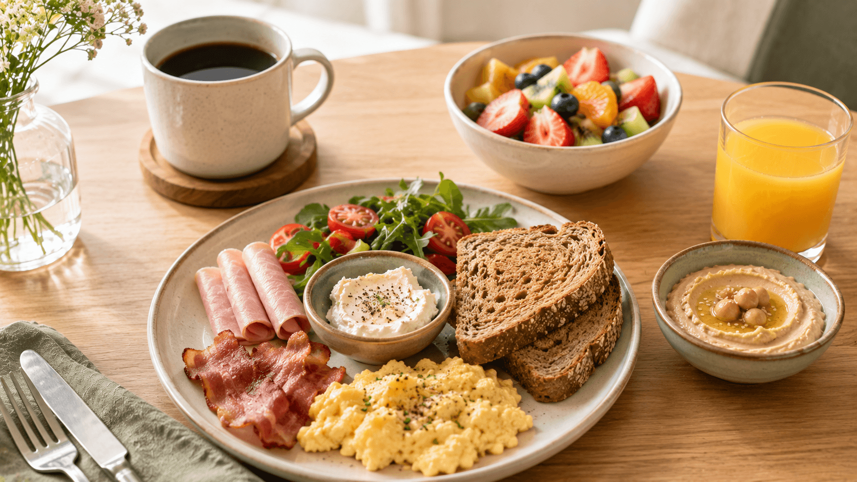Desayuno con carnes procesadas, huevos, pan integral, hummus, fruta y café sobre una mesa de madera.