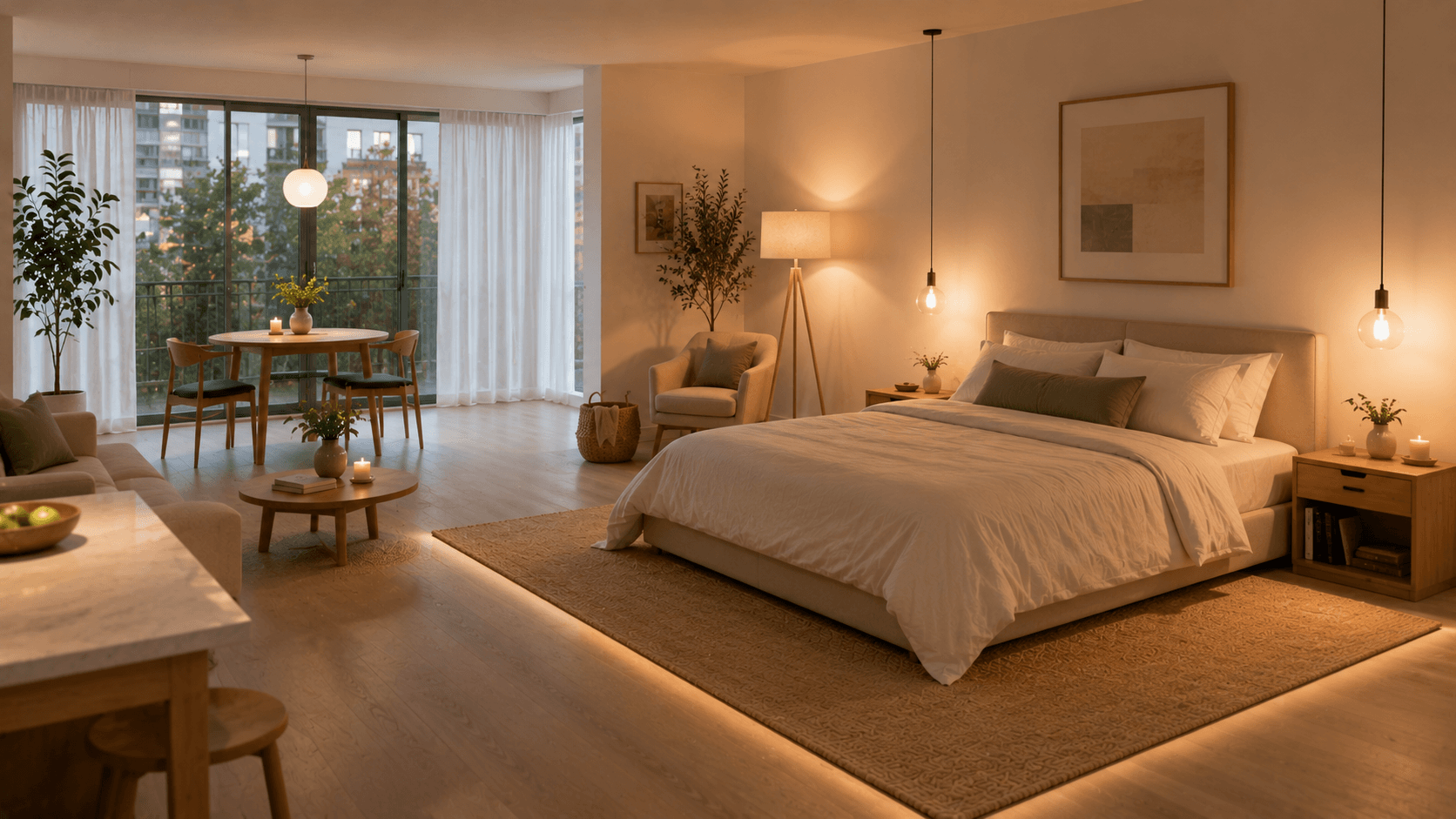 Dormitorio delimitado con una alfombra e iluminación ambiental en un monoambiente de concepto abierto.