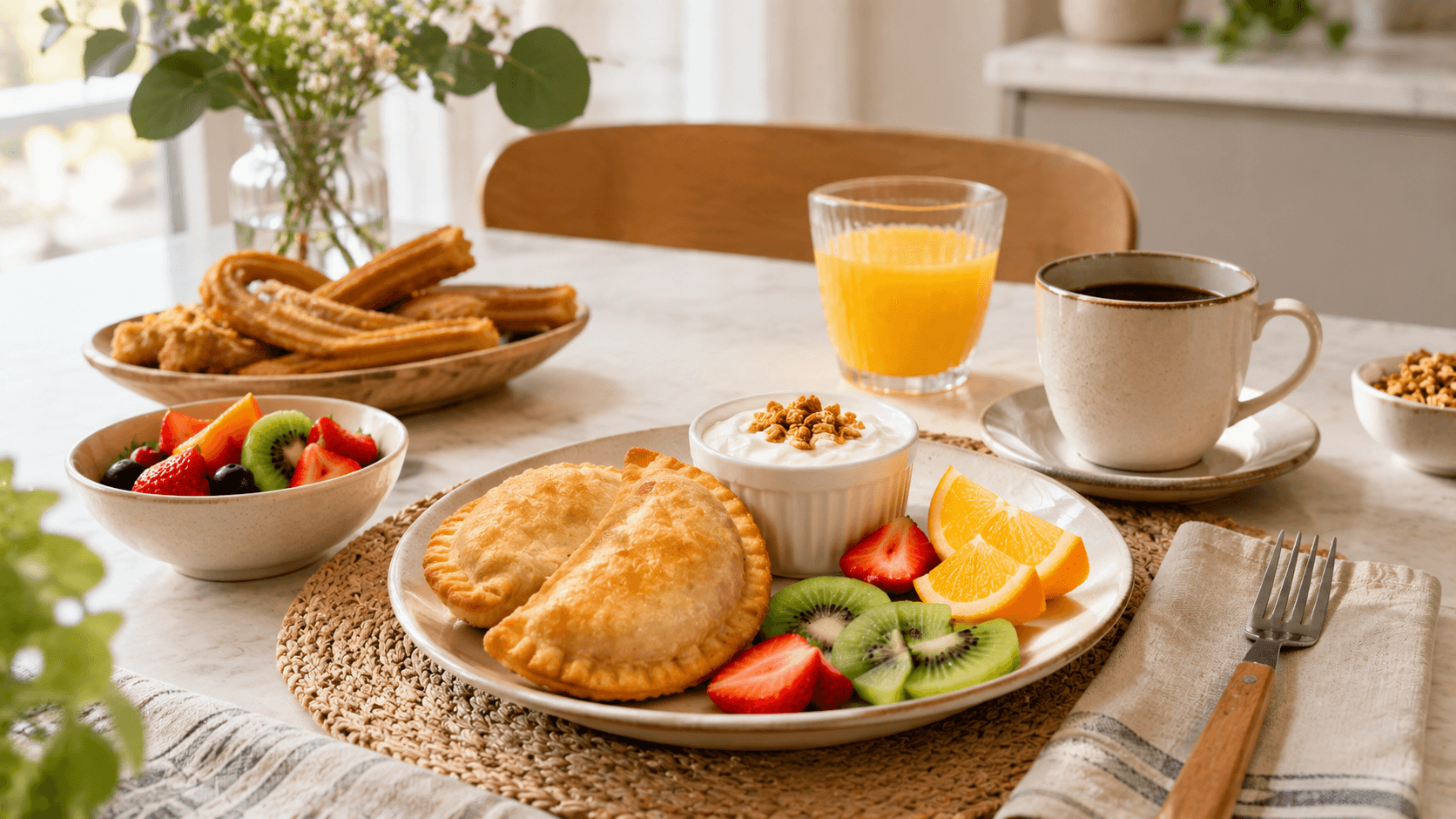 Empanadas y churros servidos con yogur, fruta fresca, café y zumo de naranja en un desayuno equilibrado.