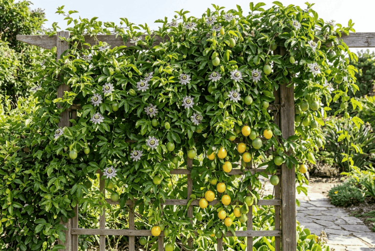 Essa trepadeira de crescimento rápido exige suportes firmes e adubos ricos em potássio para sustentar sua floração.