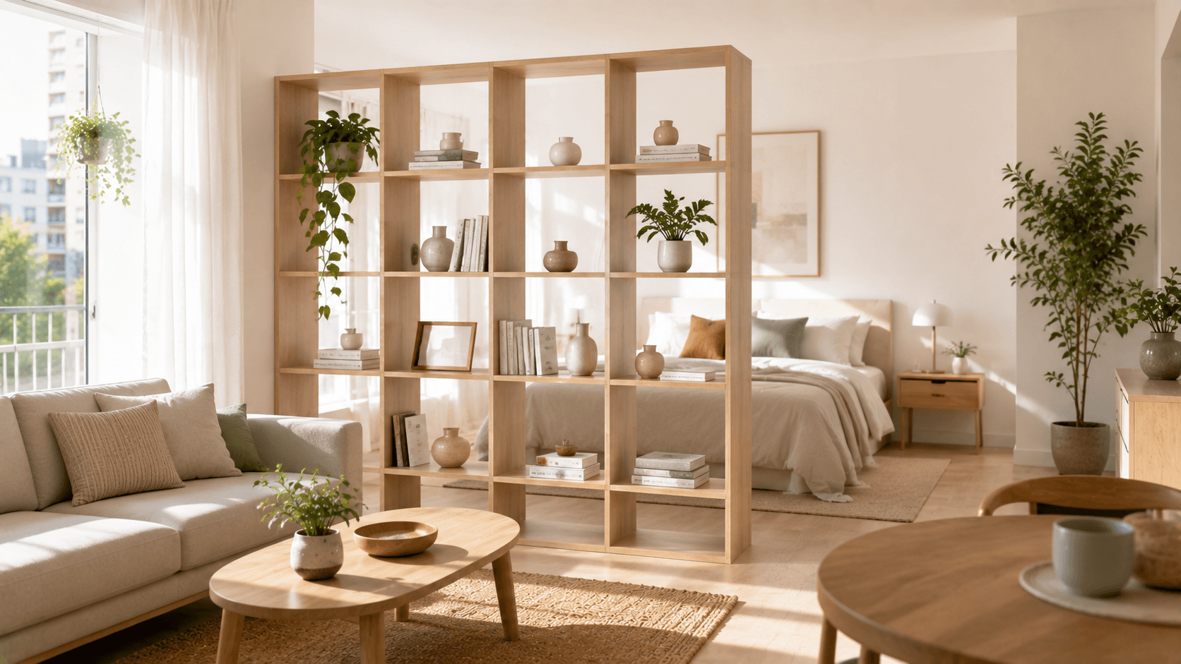 Estantería abierta utilizada para separar el dormitorio del resto del monoambiente sin perder luminosidad.