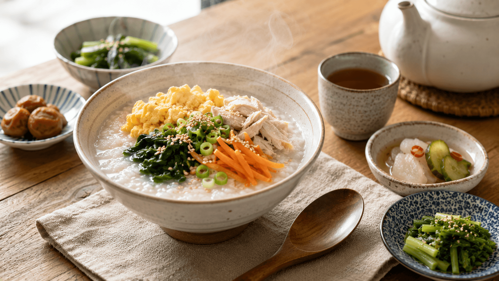 Gachas de arroz con huevo, pollo, verduras y pequeños acompañamientos servidas como desayuno equilibrado.