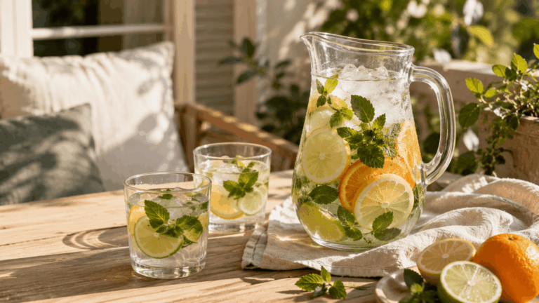 Tardes de verão em casa: ideias refrescantes com água gelada, ervas e fatias de frutas cítricas