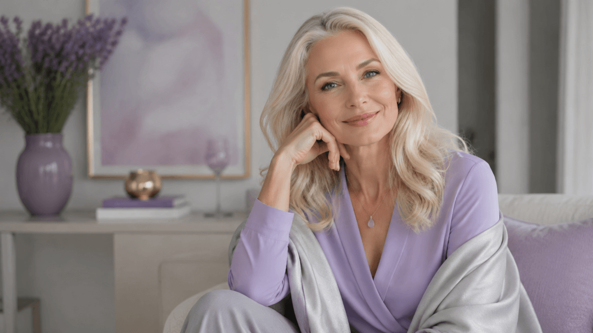 Mujer con cabello platinado y ropa en tonos fríos