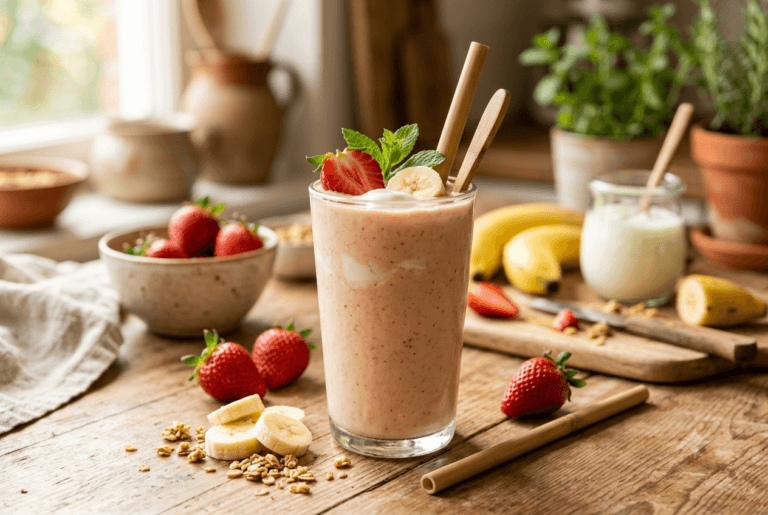 O iogurte fornece proteínas e uma cremosidade deliciosa que suaviza a acidez da morango e a doçura da banana.