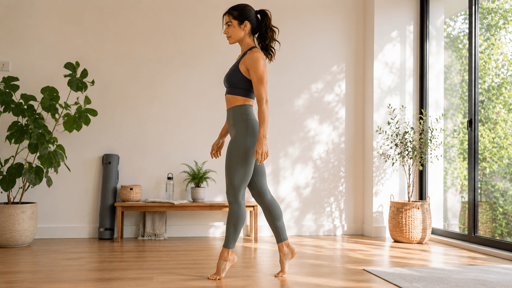 Persona caminando de puntillas para fortalecer los tobillos y trabajar el equilibrio durante el desplazamiento.