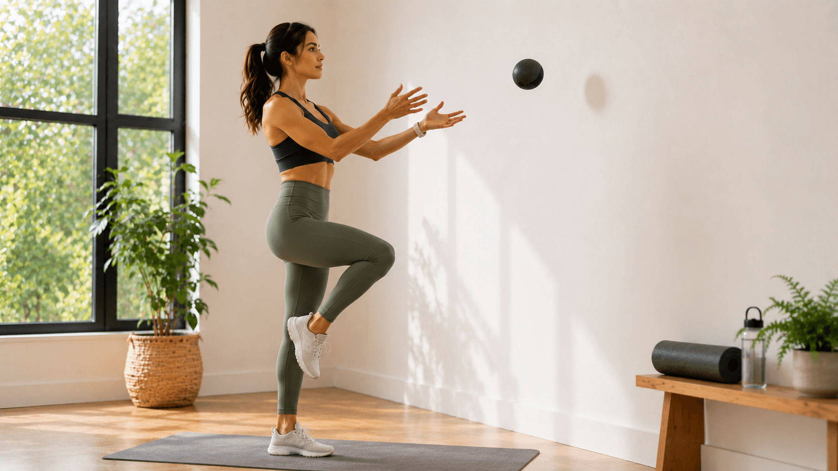 Persona lanzando y atrapando una pelota mientras mantiene el equilibrio sobre un pie para fortalecer los tobillos.