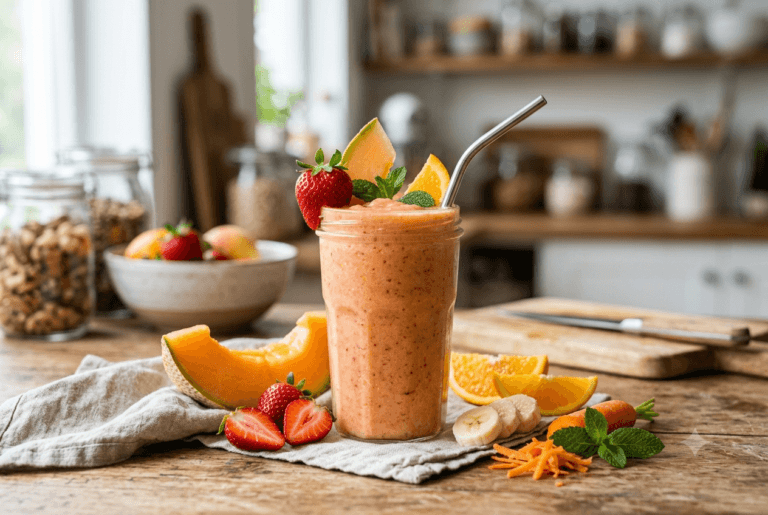 Uma combinação completa que aproveita as frutas maduras para obter um milk-shake saciante e cheio de cor, sem adicionar açúcar.
