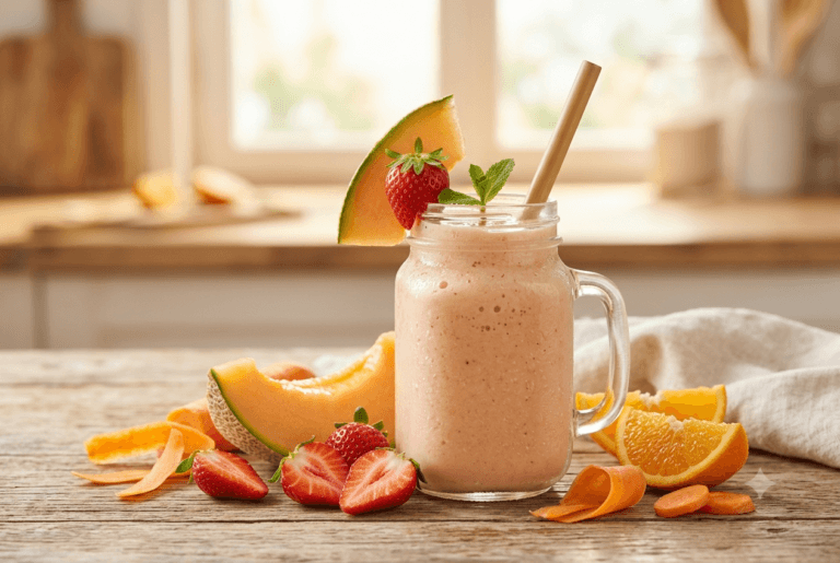 Uma opção leve sem banana, onde as frutas cítricas e a base suculenta do melão são os protagonistas de uma bebida ultrahidratante.