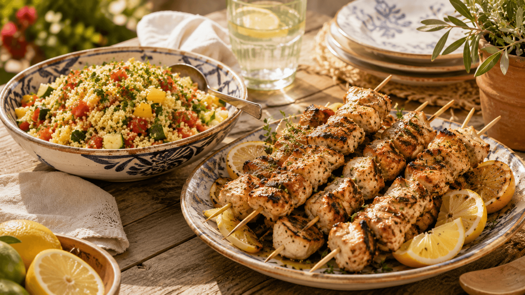 Brochetas de pollo al limón recién hechas acompañadas de una ensalada de cuscús con verduras frescas y gajos de limón.