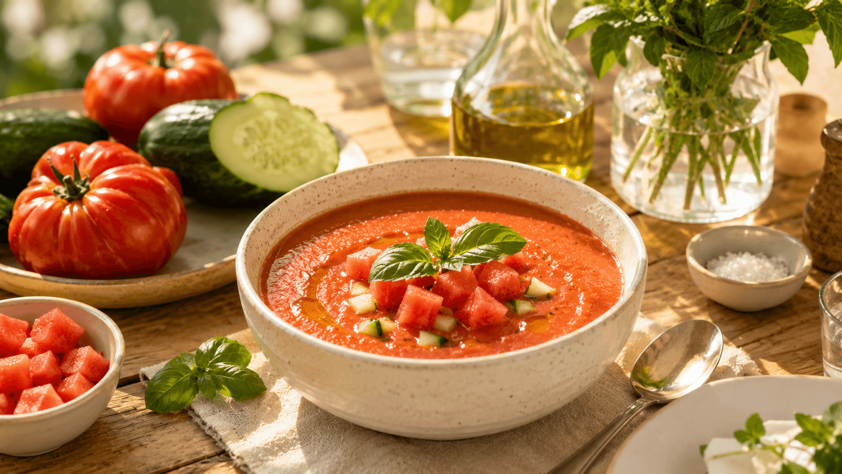 Gazpacho de tomate y sandía servido en un cuenco, decorado con dados de sandía, pepino y hojas de albahaca sobre una mesa de verano.