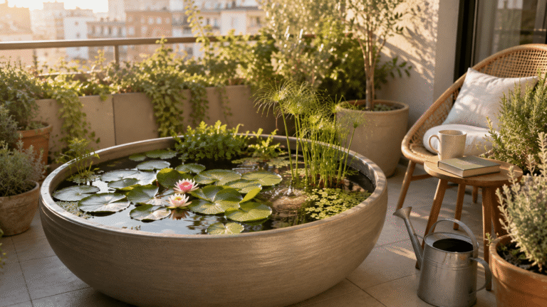 Mini lagoa em vaso: como criar um jardim aquático na sua varanda ou terraço
